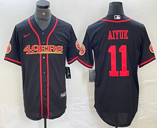 Men's San Francisco 49ers #11 Brandon Aiyuk Black Red Cool Base Stitched 2023 Baseball Jersey 11