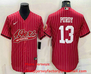 Men's San Francisco 49ers #13 Brock Purdy Red Pinstripe With Patch Cool Base Stitched Baseball Jersey