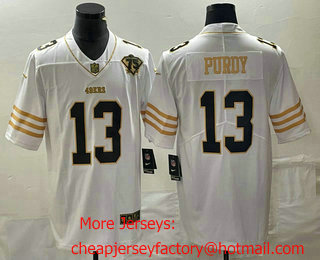 Men's San Francisco 49ers #13 Brock Purdy White 75th Patch Golden Edition Stitched Nike Limited Jersey