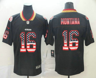 Men's San Francisco 49ers #16 Joe Montana 2019 USA Flag Fashion Black Color Rush Stitched Nike Limited Jersey