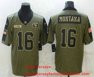 Men's San Francisco 49ers #16 Joe Montana 2021 Olive Salute To Service Limited Stitched Jersey