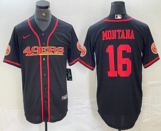 Men's San Francisco 49ers #16 Joe Montana Black Red Cool Base Stitched 2023 Baseball Jersey 11