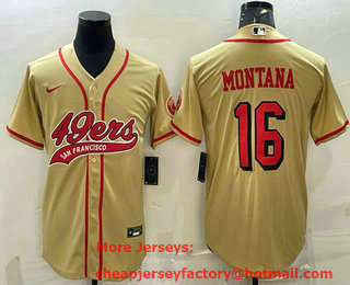 Men's San Francisco 49ers #16 Joe Montana Gold Color Rush With Patch Cool Base Stitched Baseball Jersey