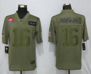 Men's San Francisco 49ers #16 Joe Montana NEW Olive 2019 Salute To Service Stitched NFL Nike Limited Jersey