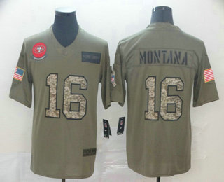 Men's San Francisco 49ers #16 Joe Montana Olive Camo 2019 Salute To Service Stitched NFL Nike Limited Jersey