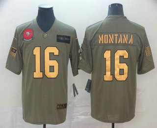 Men's San Francisco 49ers #16 Joe Montana Olive Gold 2019 Salute To Service Stitched NFL Nike Limited Jersey