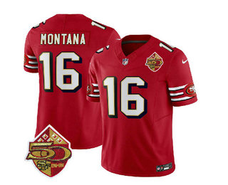 Men's San Francisco 49ers #16 Joe Montana Red 2023 FUSE 50th Patch Throwback Stitched Jersey