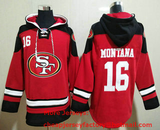 Men's San Francisco 49ers #16 Joe Montana Red Ageless Must Have Lace Up Pullover Hoodie