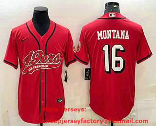 Men's San Francisco 49ers #16 Joe Montana Red Color Rush With Patch Cool Base Stitched Baseball Jersey