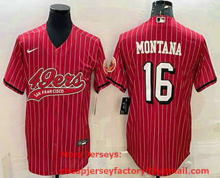 Men's San Francisco 49ers #16 Joe Montana Red Pinstripe Color Rush With Patch Cool Base Stitched Baseball Jersey