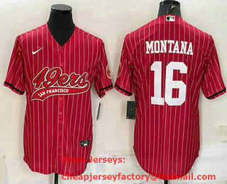 Men's San Francisco 49ers #16 Joe Montana Red Pinstripe With Patch Cool Base Stitched Baseball Jersey