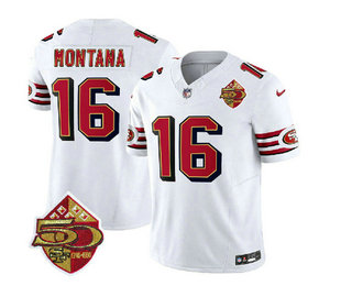 Men's San Francisco 49ers #16 Joe Montana White 2023 FUSE 50th Patch Throwback Stitched Jersey