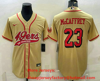 Men's San Francisco 49ers #23 Christian McCaffrey Gold Color Rush With Patch Cool Base Stitched Baseball Jersey