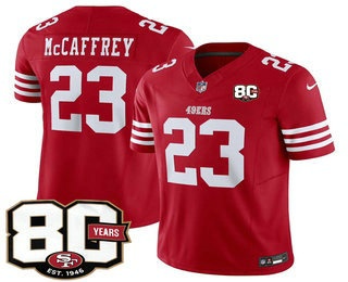 Men's San Francisco 49ers #23 Christian McCaffrey Limited Red 80th Anniversary Patch FUSE Vapor Jersey