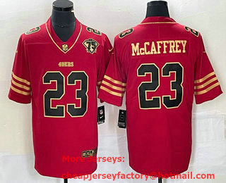Men's San Francisco 49ers #23 Christian McCaffrey Red 75th Patch Golden Edition Stitched Nike Limited Jersey