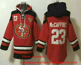 Men's San Francisco 49ers #23 Christian McCaffrey Red With 75TH Ageless Must Have Lace Up Pullover Hoodie