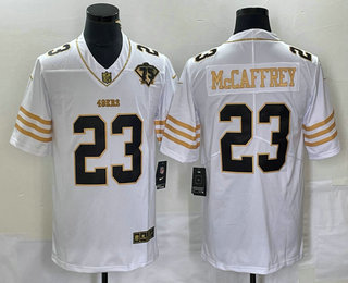 Men's San Francisco 49ers #23 Christian McCaffrey White 75th Patch Golden Edition Stitched Nike Limited Jersey