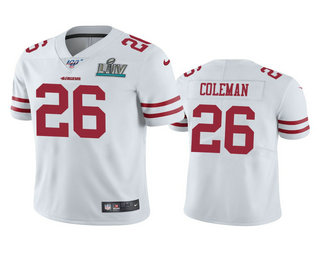 Men's San Francisco 49ers #26 Tevin Coleman White Super Bowl LIV Vapor Limited Jersey
