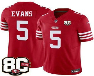 Men's San Francisco 49ers #5 Mike Evans Limited Red 80th Anniversary Patch FUSE Vapor Jersey