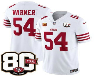 Men's San Francisco 49ers #54 Fred Warner Limited White C Patch 80th Anniversary Patch FUSE Vapor Jersey