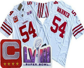 Men's San Francisco 49ers #54 Fred Warner Limited White C Patch LVIII Super Bowl FUSE Vapor Jersey