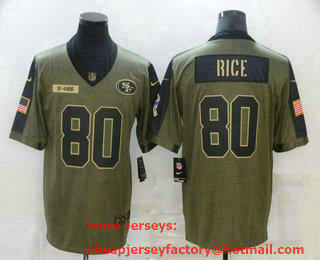 Men's San Francisco 49ers #80 Jerry Rice 2021 Olive Salute To Service Limited Stitched Jersey