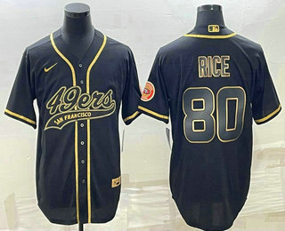 Men's San Francisco 49ers #80 Jerry Rice Black Gold With Patch Cool Base Stitched Baseball Jersey