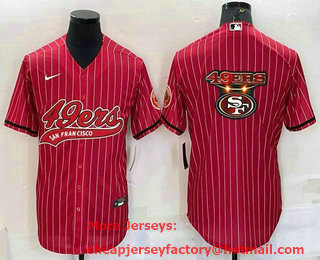 Men's San Francisco 49ers Red Pinstripe Team Big Logo With Patch Cool Base Stitched Baseball Jersey