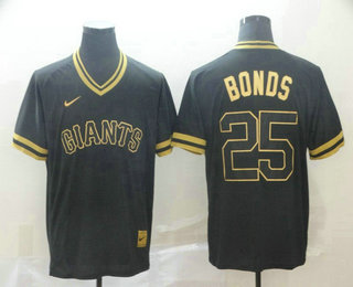 Men's San Francisco Giants #25 Barry Bonds Black Gold Nike Cooperstown Legend V Neck Jersey