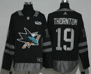Men's San Jose Sharks #19 Joe Thornton Black 100th Anniversary Stitched NHL 2017 Hockey Jersey