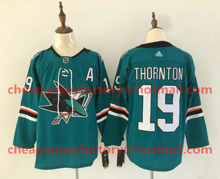 Men's San Jose Sharks #19 Joe Thornton Teal Green With A Patch Adidas Stitched NHL Jersey