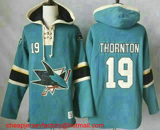 Men's San Jose Sharks #19 Joe Thornton Teal Pullover Hoodie Stitched NHL Jersey