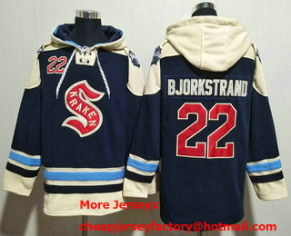 Men's Seattle Kraken #22 Oliver Bjorkstrand Navy Blue Lace Up Pullover Hoodie