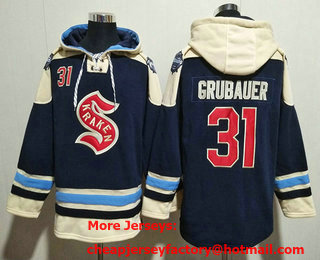 Men's Seattle Kraken #31 Philipp Grubauer Navy Blue Lace Up Pullover Hoodie