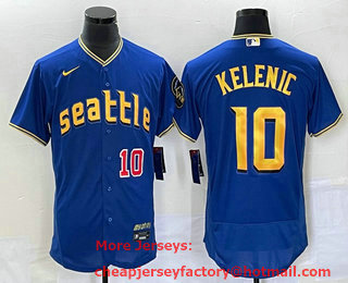 Men's Seattle Mariners #10 Jarred Kelenic Number Blue 2023 City Connect Flex Base Stitched Jersey 02