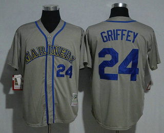 Men's Seattle Mariners #24 Ken Griffey Jr. Gray With Blue Name Road Throwback Cooperstown Collection Stitched MLB Mitchell & Ness Jersey