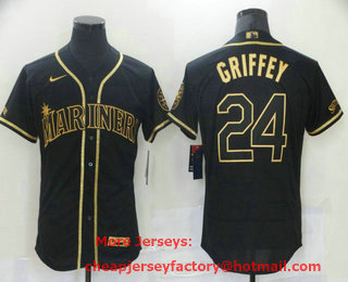 Men's Seattle Mariners #24 Ken Griffey Jr Black Gold Stitched MLB Flex Base Nike Jersey