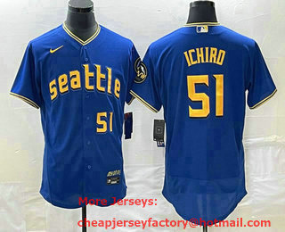 Men's Seattle Mariners #51 Ichiro Suzuki Number Blue 2023 City Connect Flex Base Stitched Jersey 01