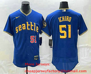Men's Seattle Mariners #51 Ichiro Suzuki Number Blue 2023 City Connect Flex Base Stitched Jersey 02