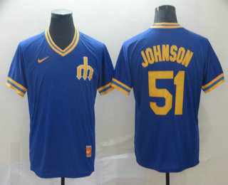 Men's Seattle Mariners #51 Randy Johnson Blue Nike Cooperstown Collection Legend V Neck Jersey