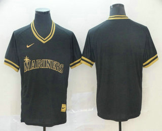 Men's Seattle Mariners Blank Black Gold Nike Cooperstown Legend V Neck Jersey
