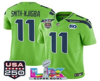 Men's Seattle Seahawks #11 Jaxon Smith-Njigba Green FUSE Super Bowl LX 50th USA 250 Patch Vapor Limited Jersey