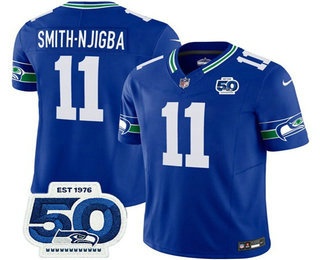 Men's Seattle Seahawks #11 Jaxon Smith Njigba Royal 2025 FUSE 50th Patch Throwback Vapor Limited Stitched Jersey