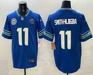 Men's Seattle Seahawks #11 Jaxon Smith Njigba Royal 2025 FUSE 50th Patch Throwback Vapor Limited Stitched Jersey