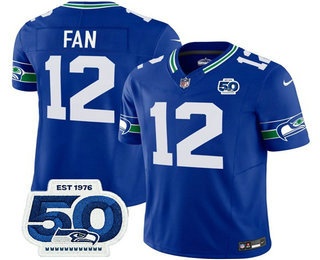Men's Seattle Seahawks #12 Fan Royal 2025 FUSE 50th Patch Throwback Vapor Limited Stitched Jersey
