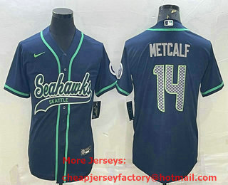 Men's Seattle Seahawks #14 DK Metcalf Navy Blue With Patch Cool Base Stitched Baseball Jersey