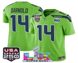 Men's Seattle Seahawks #14 Sam Darnold Green FUSE Super Bowl LX 50th USA 250 Patch Vapor Limited Jersey