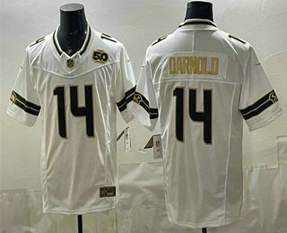 Men's Seattle Seahawks #14 Sam Darnold Limited White Gold 50TH FUSE Vapor Jersey