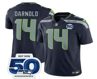 Men's Seattle Seahawks #14 Sam Darnold Navy 2025 FUSE 50th Patch Vapor Limited Stitched Jersey