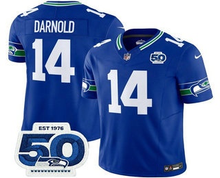 Men's Seattle Seahawks #14 Sam Darnold Royal 2025 FUSE 50th Patch Throwback Vapor Limited Stitched Jersey